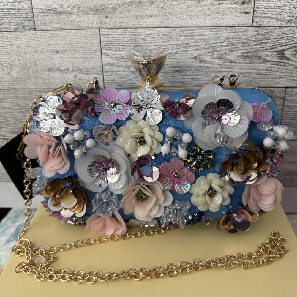 Bebe Blue Women Evening Bag Party Clutch Style Metal Rhinestones Handbag NWT